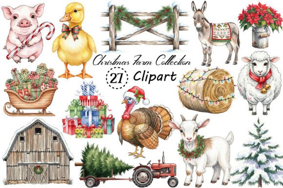 Christmas Farm Clipart: Rustic Charm for Your Holiday Designs
