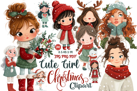 Enchanting Cute Girl Christmas Clipart for Festive Designs