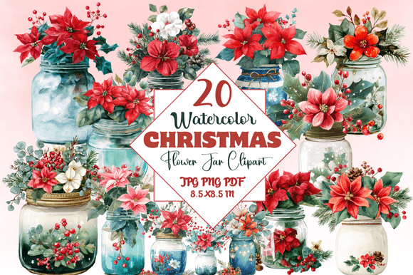 Watercolor Christmas Flower Jar Clipart: A Festive Design Asset