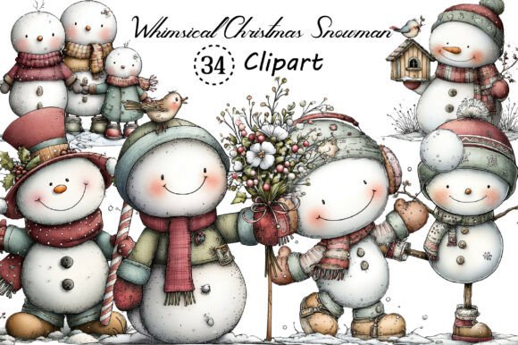 Whimsical Christmas Snowman Clipart: Festive Design Assets